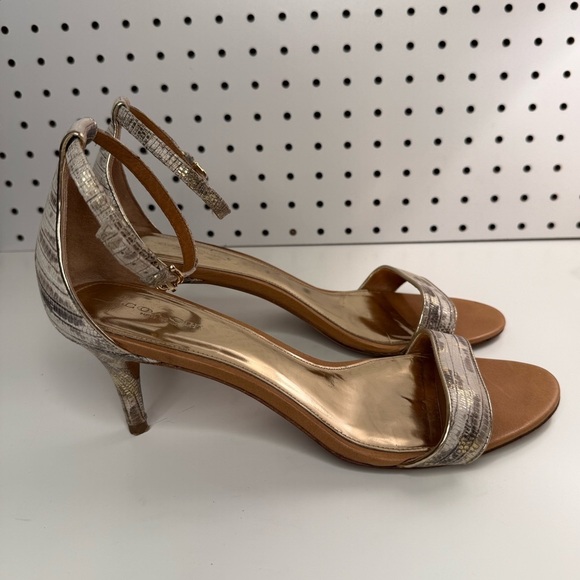 COACH Brown, Gold & White Snakeskin Embossed Round Toe Kitten Heel Shoes Size 9B - Picture 6 of 17